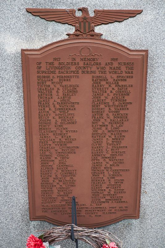 1917 - IN MEMORY - 1919 OF THE SOLDIERS SAILORS AND NURSES OF LIVINGSTON COUNTY WHO MADE THE SUPREME SACRIFICE DURING THE WORLD WAR1917
